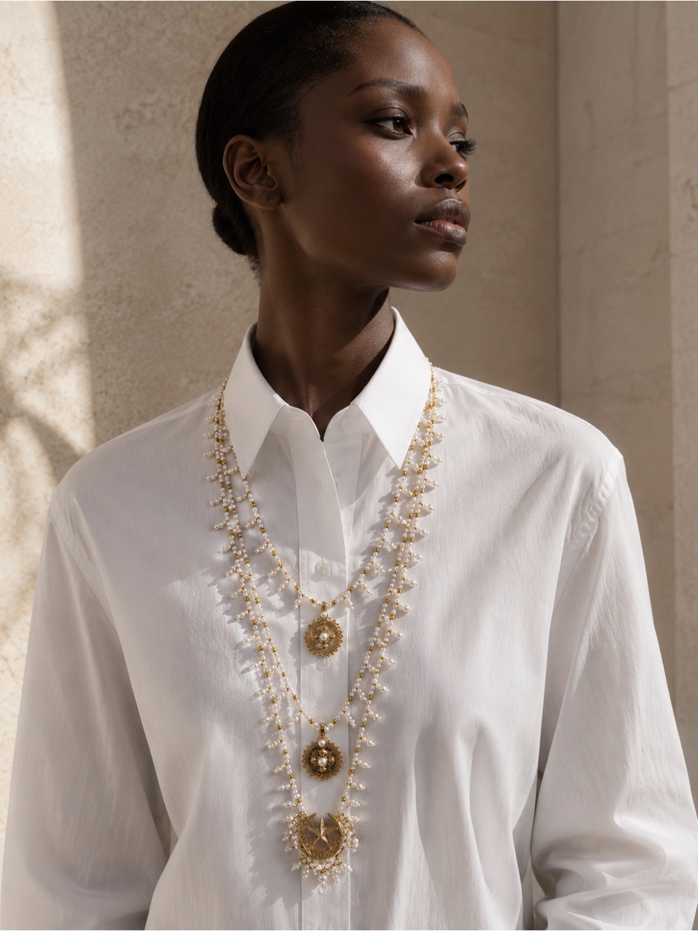 Layered Gold-Tone Pearl and Medallion Necklace - Women's Statement Jewelry